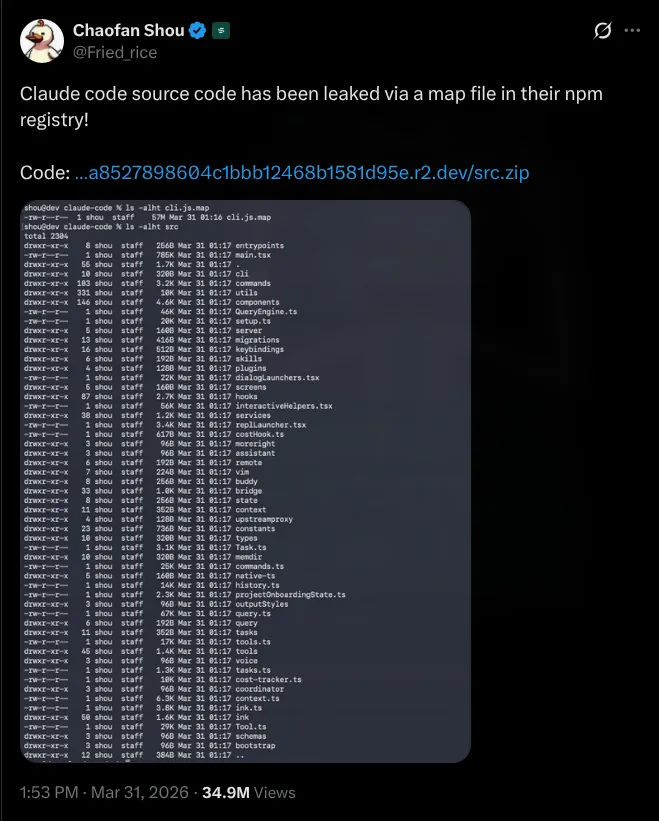 Chaofan Shou original tweet announcing the Claude Code leak